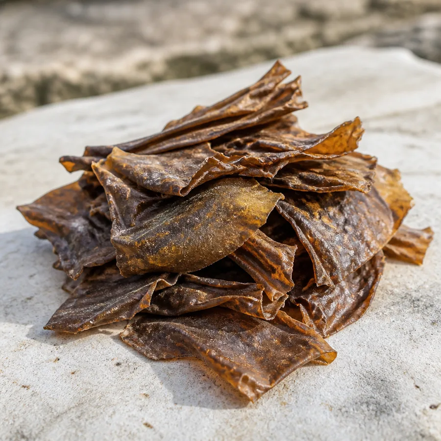 Dried brown seaweed stacked on light stone