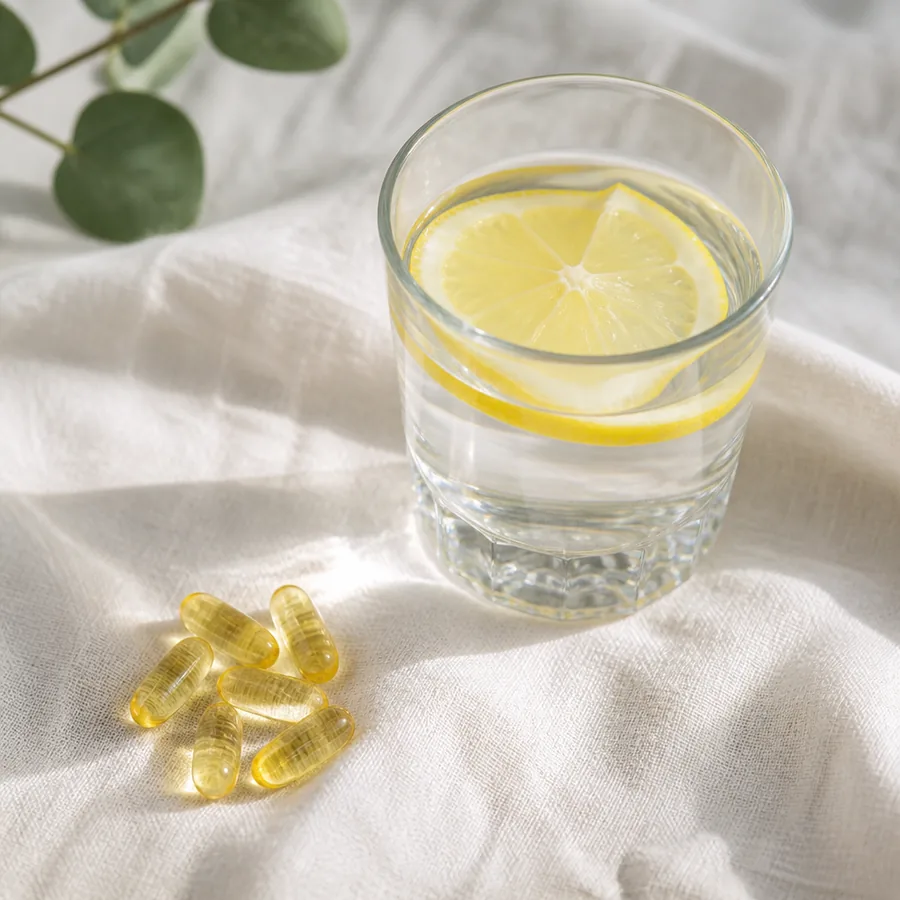 Glass of water with lemon and softgels on linen