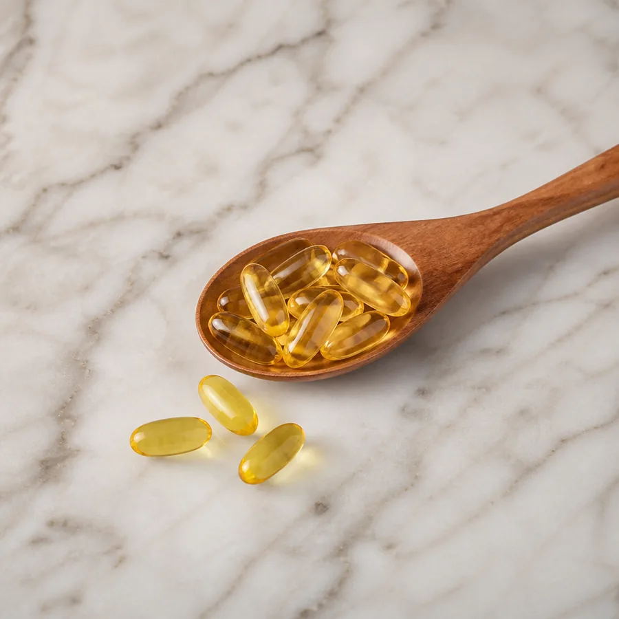 Wooden spoon with golden softgels on marble